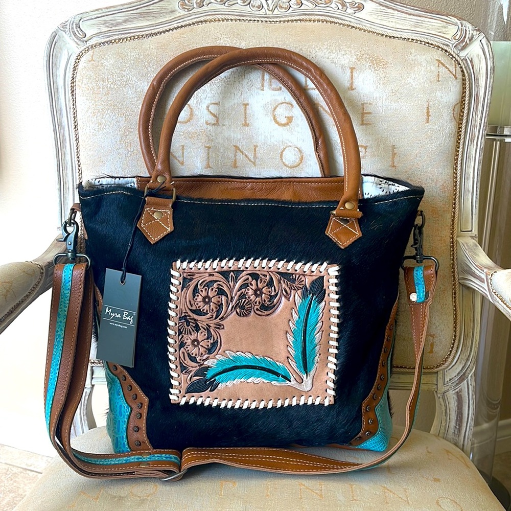 MYRA-HAND TOOLED LEATHER HAIR ON HANDBAG
